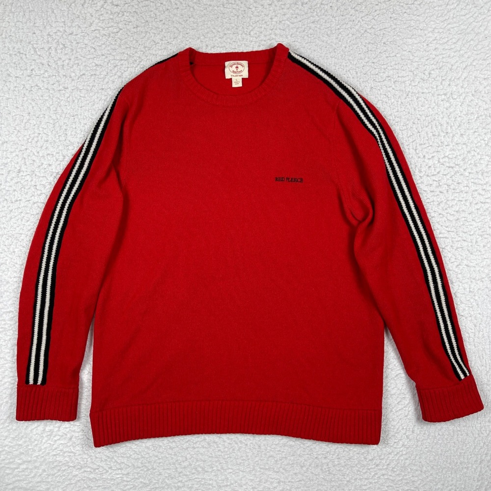 Brooks Brothers Red Fleece Sweater Mens L Red Merino Wool Stripe Racing Crewneck